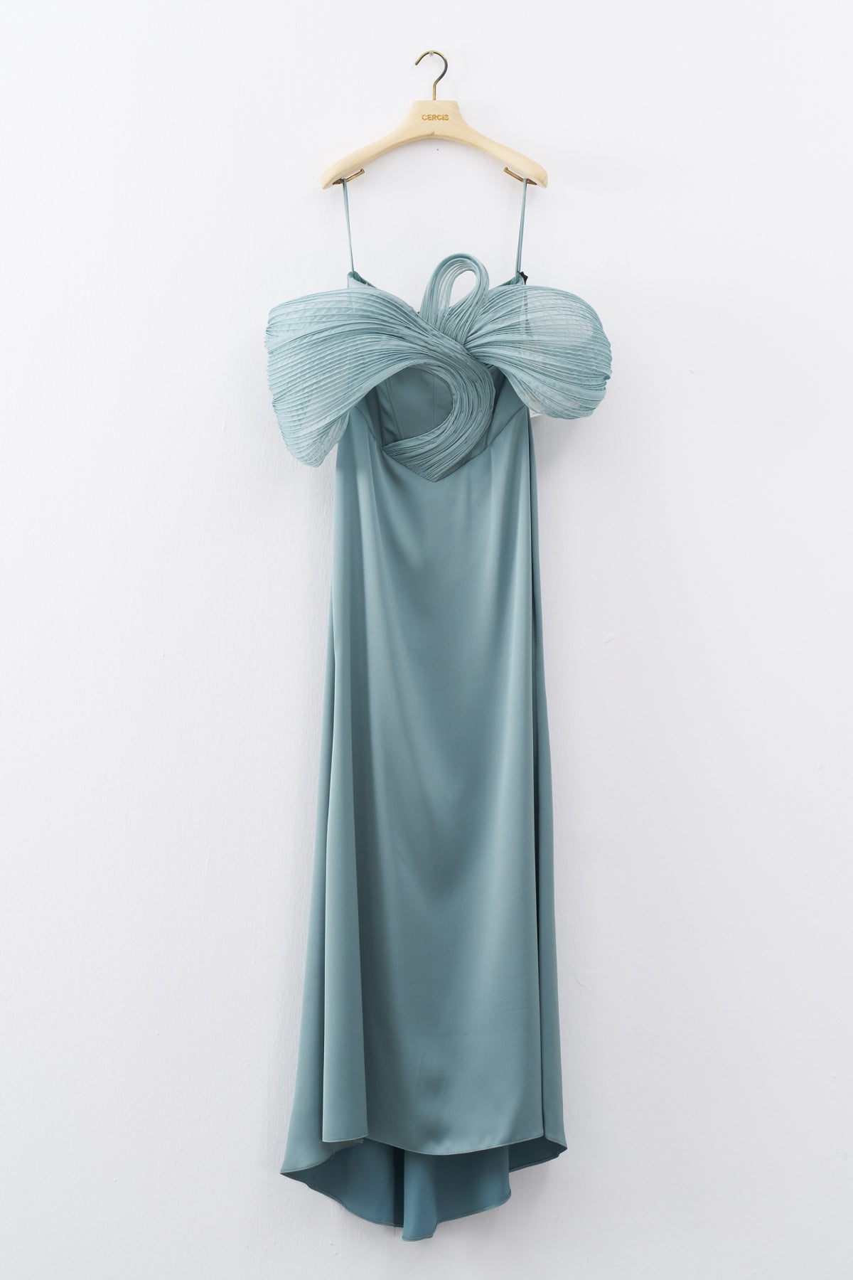 Mint Green Strapless Off Shoulder Organza Detailed Long Evening Dress