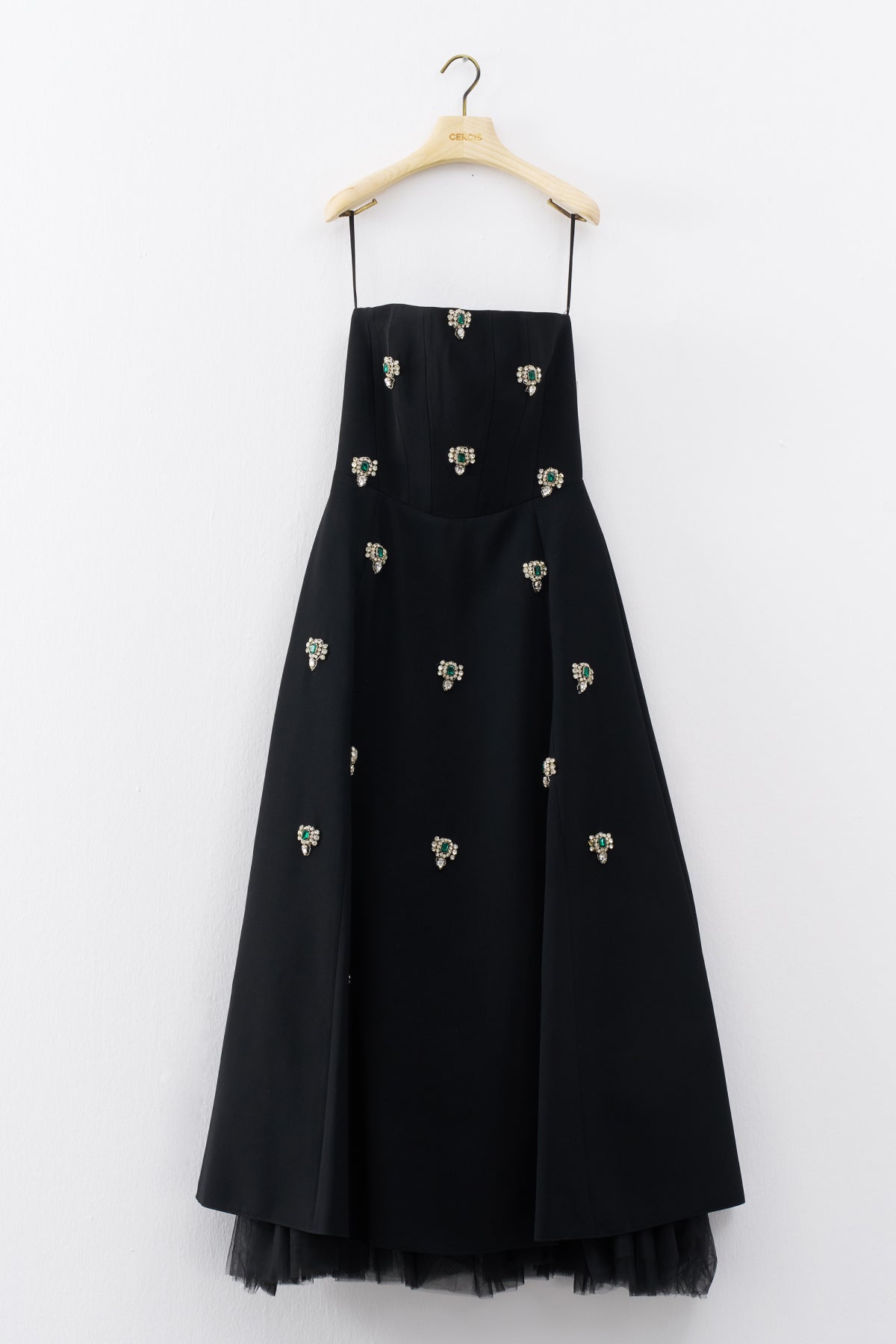 Black Front Stone Embroidered Strapless A-Line Evening Dress