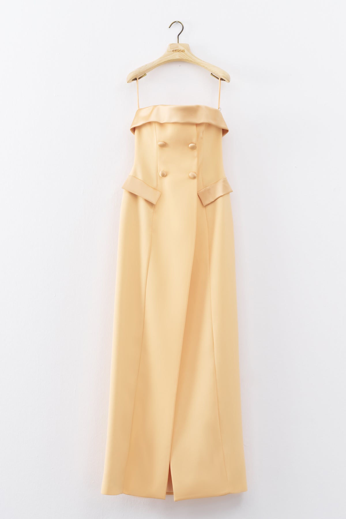 Yellow Strapless Pocket Covered Long Evening Dress