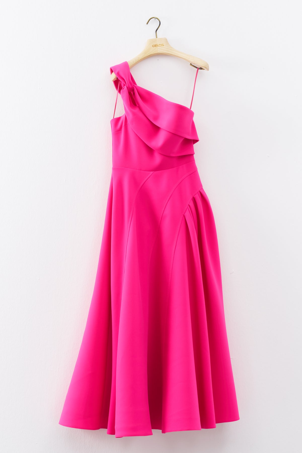 Fuchsia One Shoulder Knot Detailed Long Evening Dress