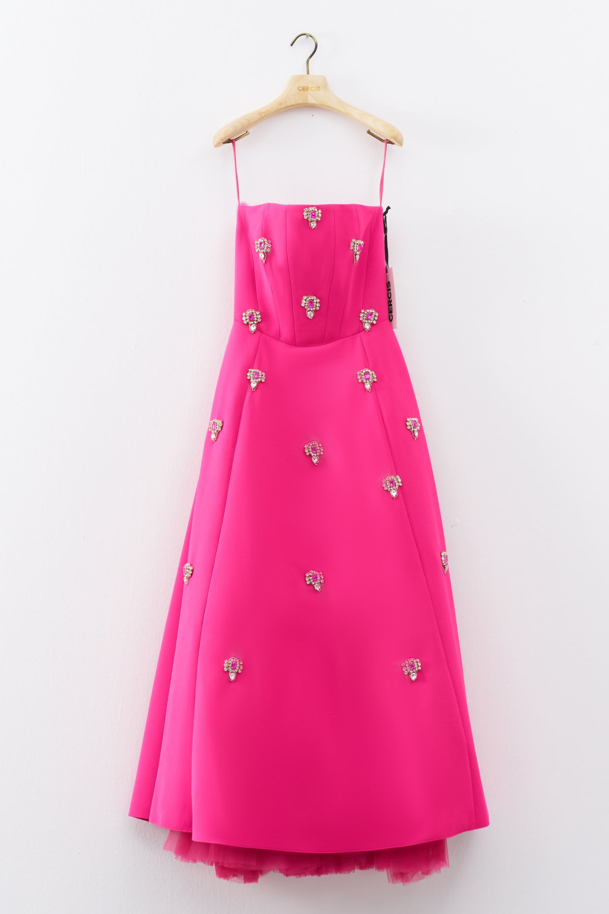 Fuchsia Front Stone Embroidered Strapless A-Line Evening Dress