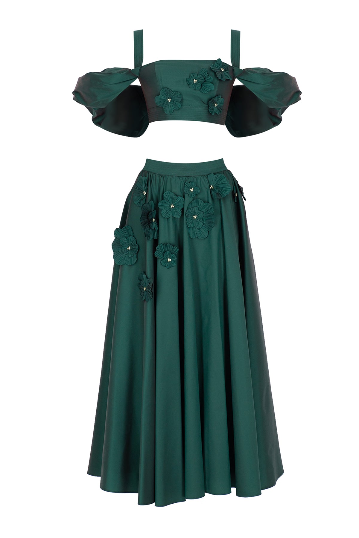 Flower Applique Crop and Puffy Skirt Evening Dress Set