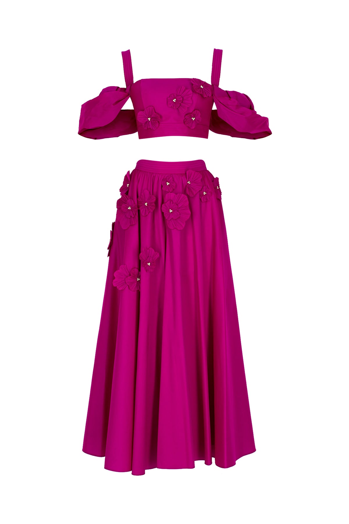 Flower Applique Crop and Puffy Skirt Evening Dress Set