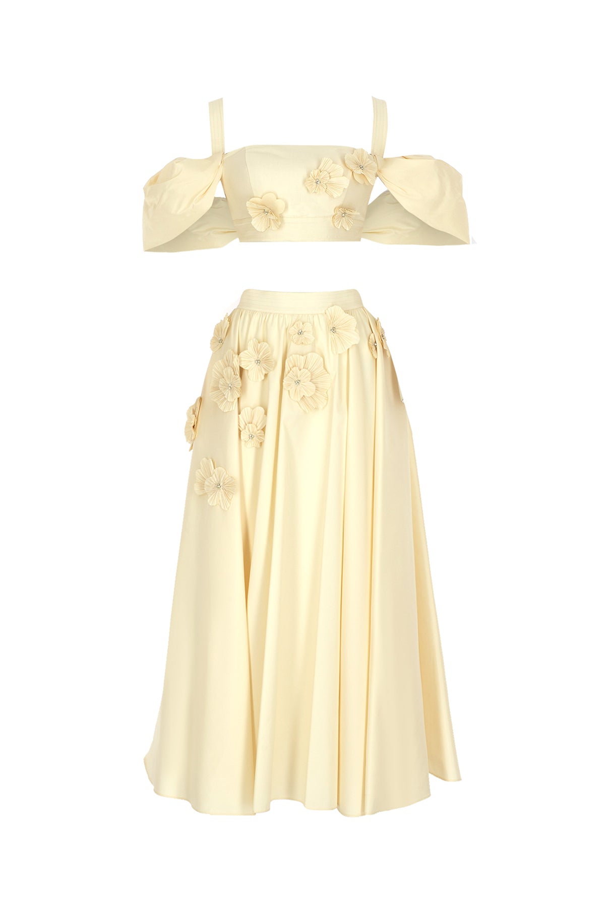 Flower Applique Crop and Puffy Skirt Evening Dress Set