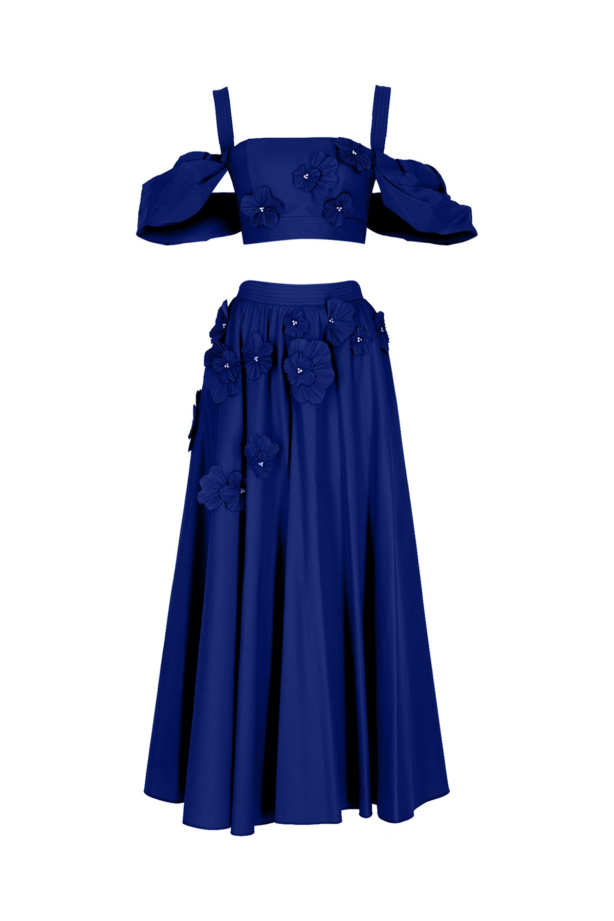 Flower Applique Crop and Puffy Skirt Evening Dress Set