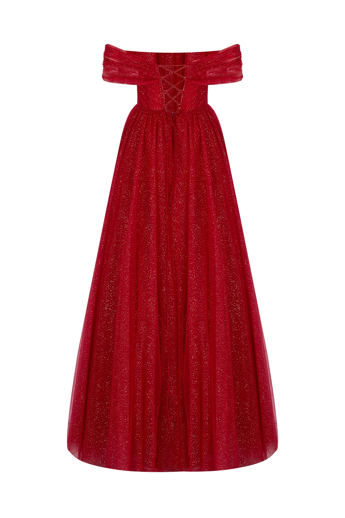Long Evening Dress with Flower Appliqued Glittery Tulle Skirt Detail