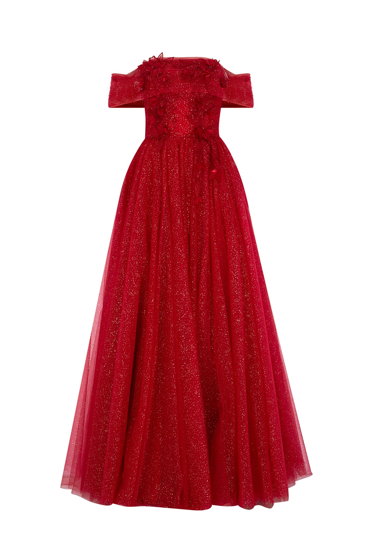 Long Evening Dress with Flower Appliqued Glittery Tulle Skirt Detail