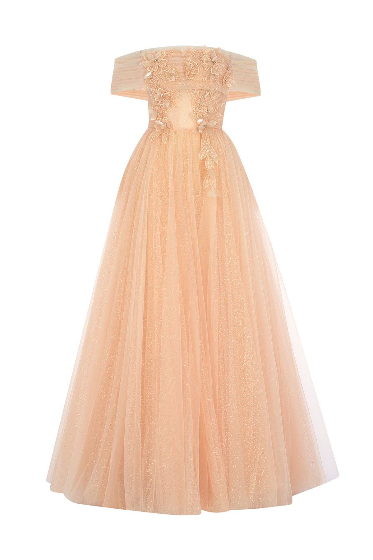 Long Evening Dress with Flower Appliqued Glittery Tulle Skirt Detail