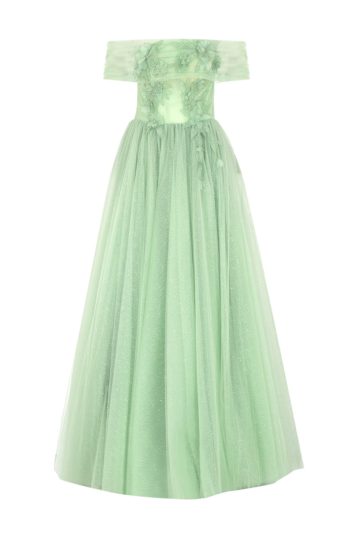 Long Evening Dress with Flower Appliqued Glittery Tulle Skirt Detail