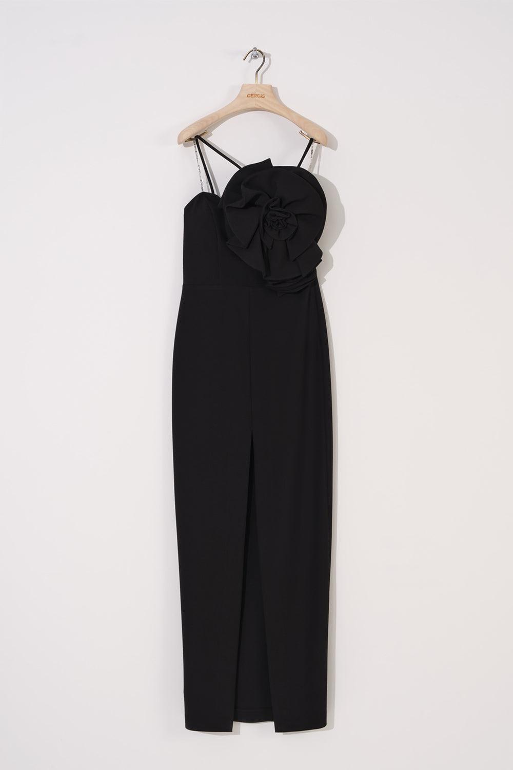 Drape Gül Detaylı Önden Yırtmaçlı Elbise - Cercis