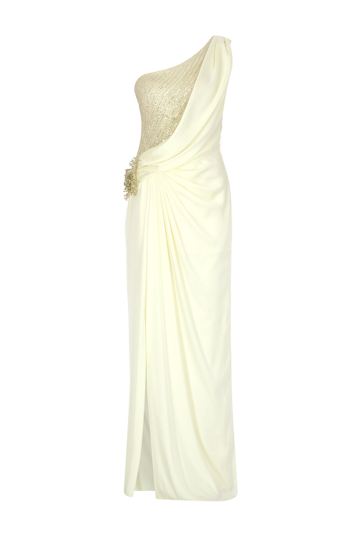 Draped One Shoulder Sequined Slit Evening Dress