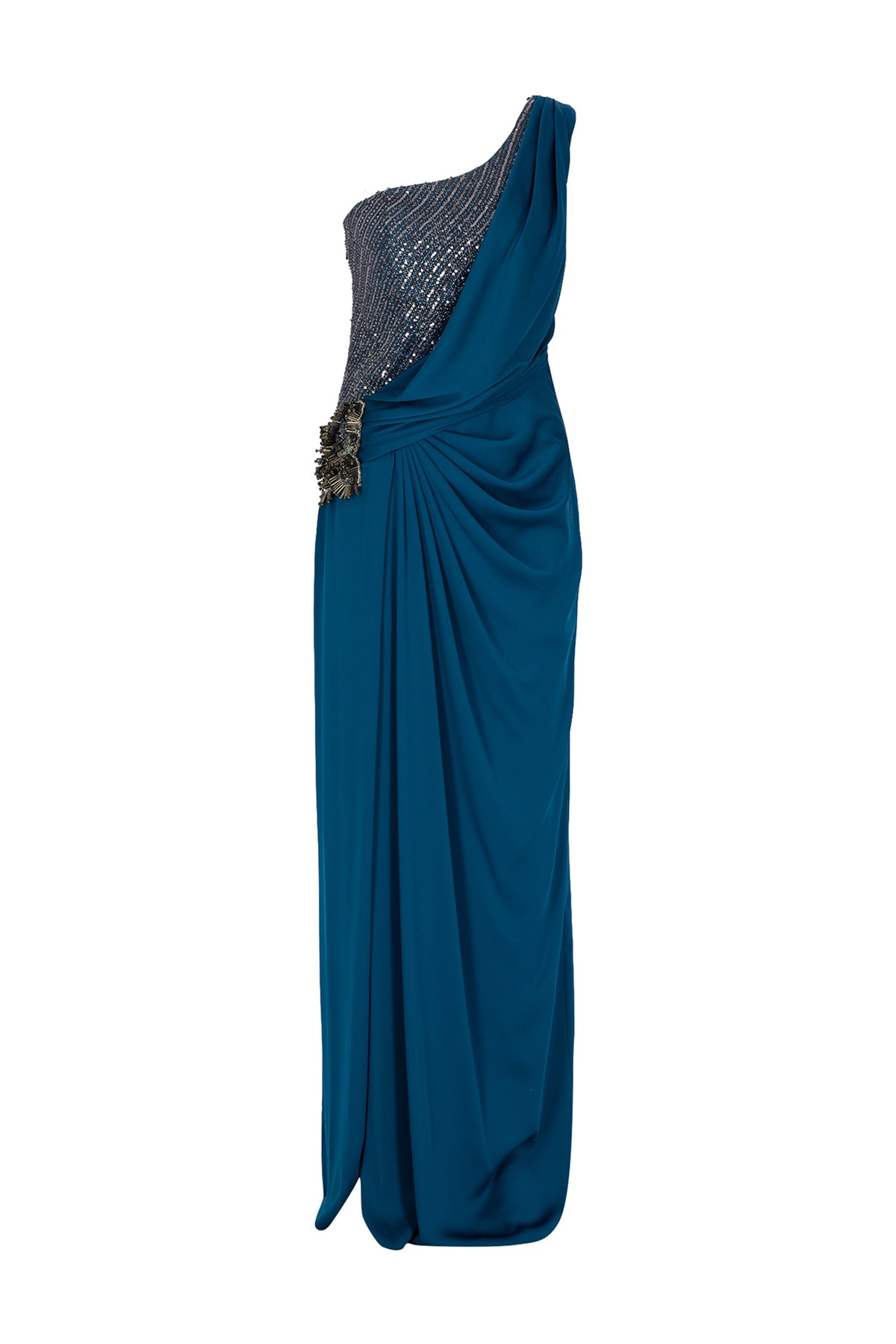 Draped One Shoulder Sequined Slit Evening Dress