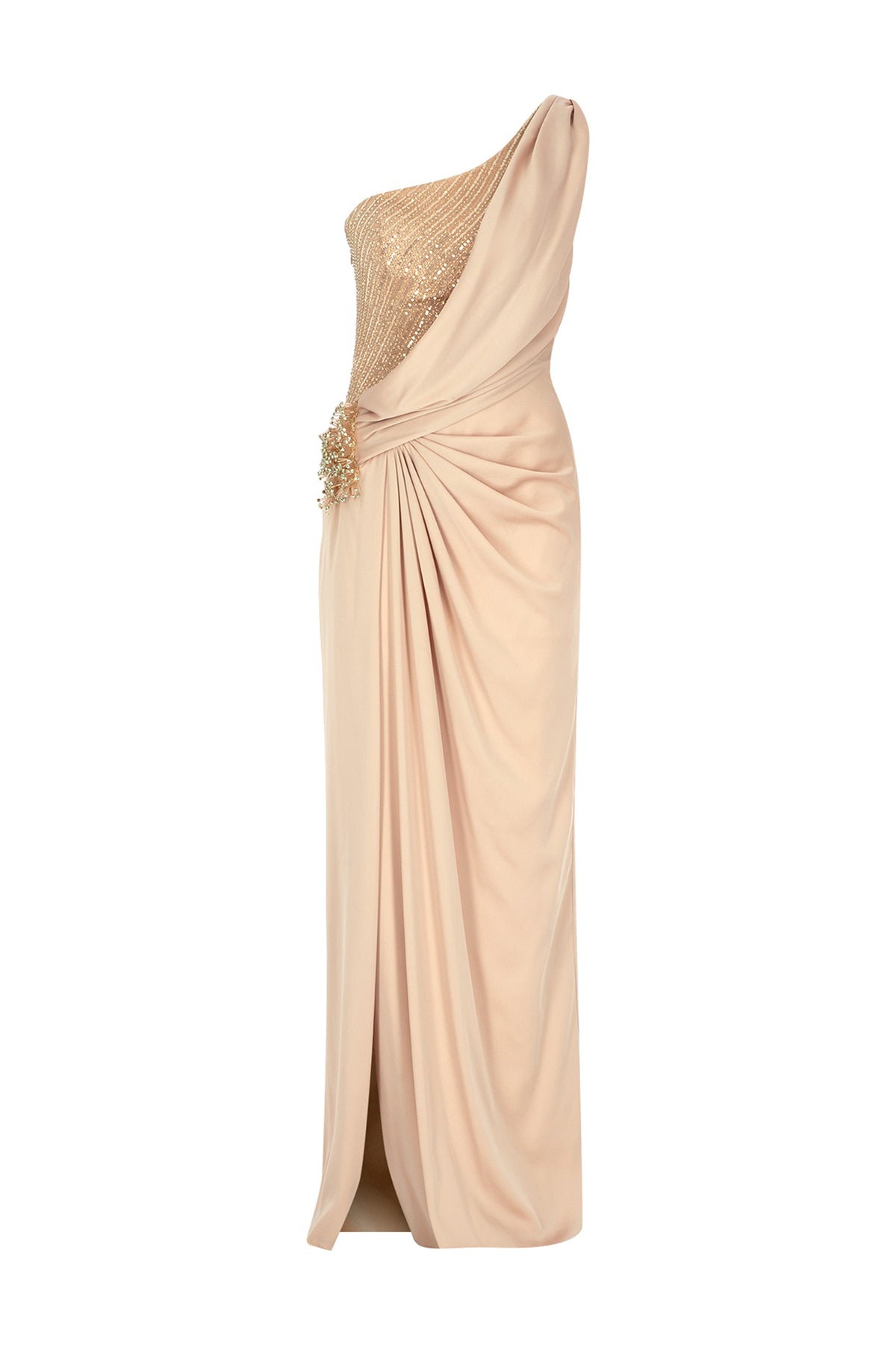Draped One Shoulder Sequined Slit Evening Dress