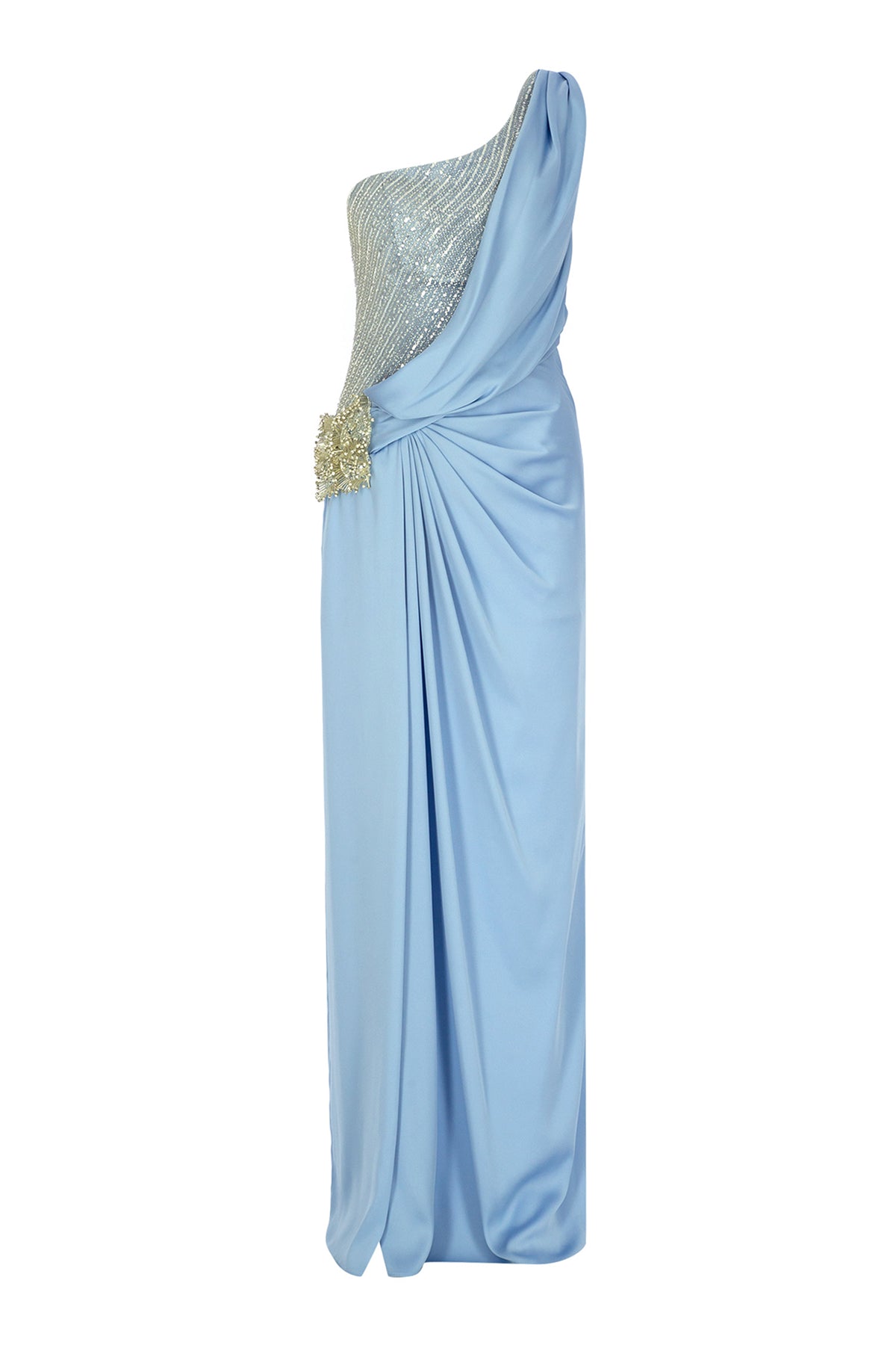 Draped One Shoulder Sequined Slit Evening Dress