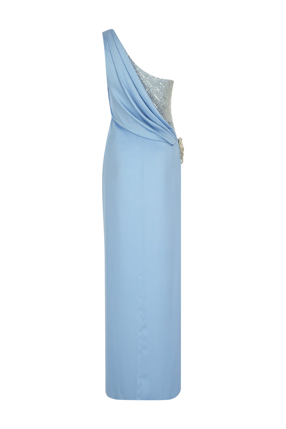 Draped One Shoulder Sequined Slit Evening Dress