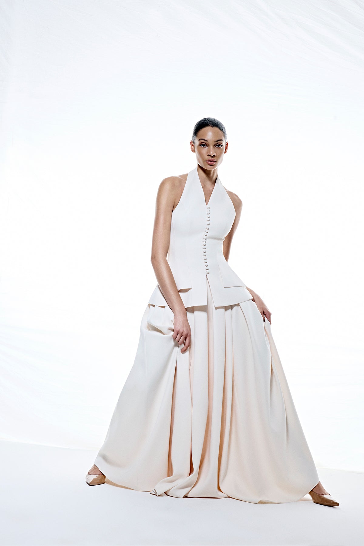 Top and Flared Skirt Set with Button Detail
