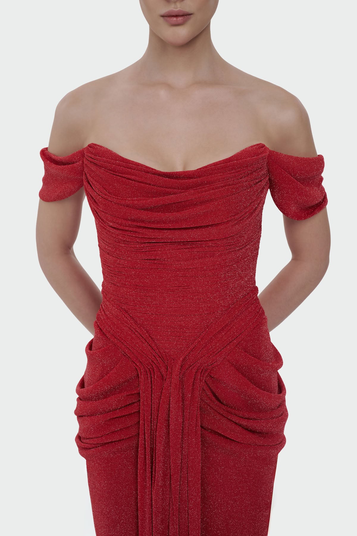 Düşük Omuz Ön Drape Detaylı Abiye Elbise