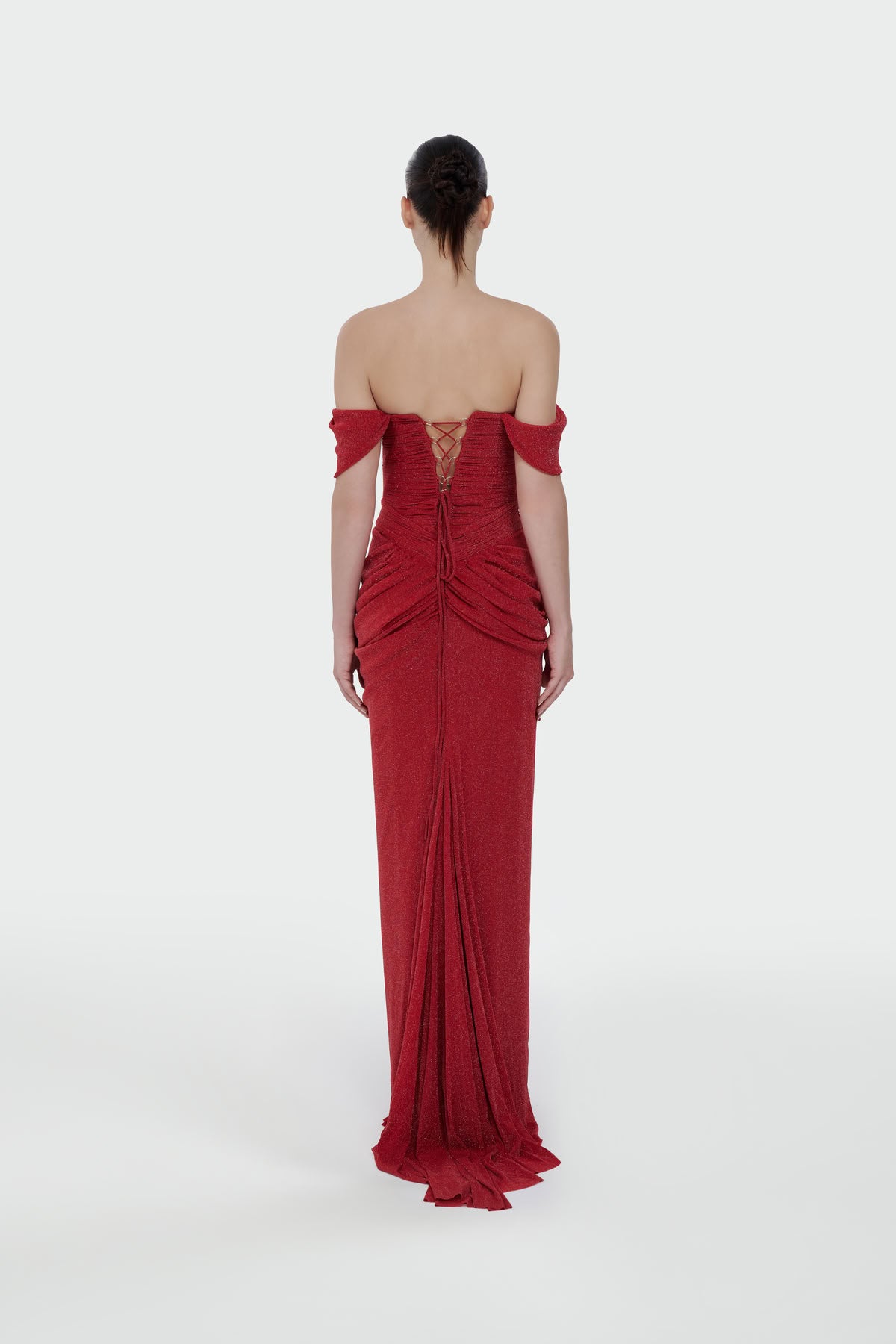 Düşük Omuz Ön Drape Detaylı Abiye Elbise