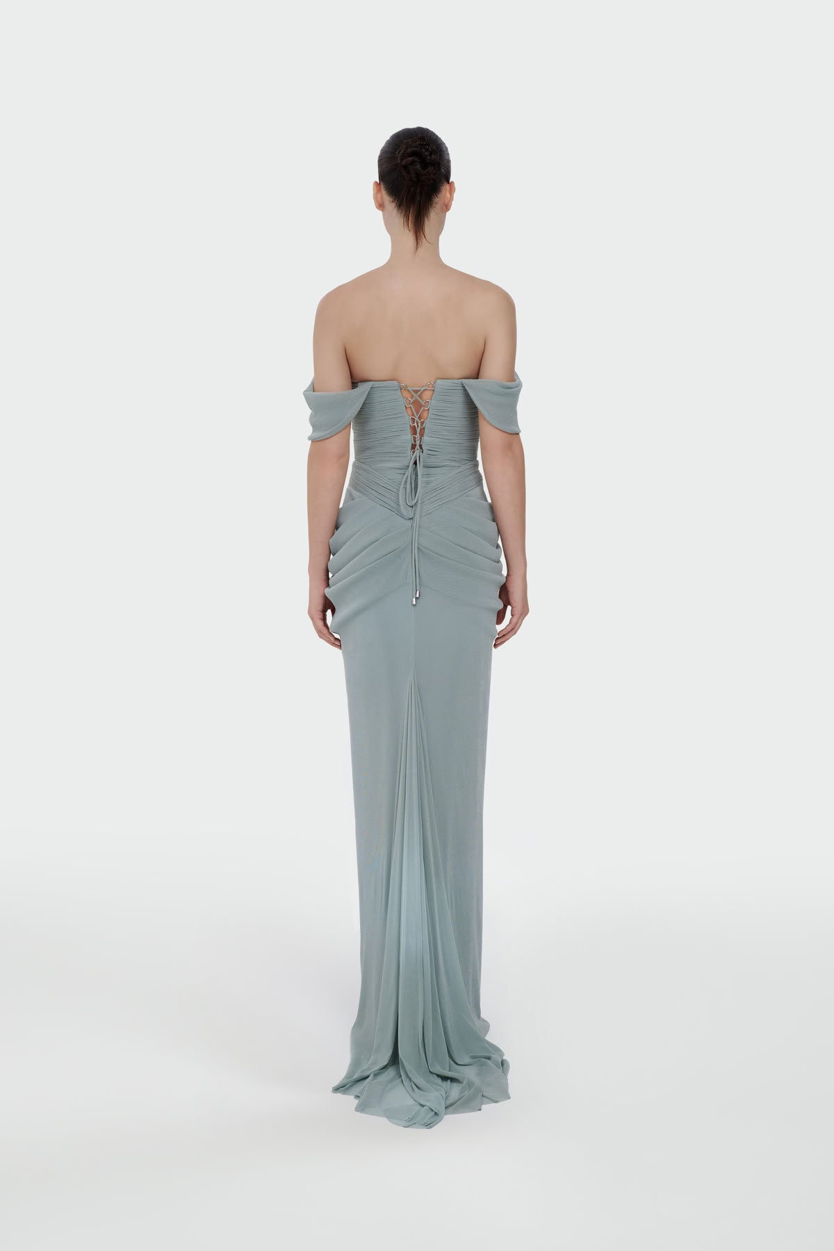Düşük Omuz Ön Drape Detaylı Abiye Elbise