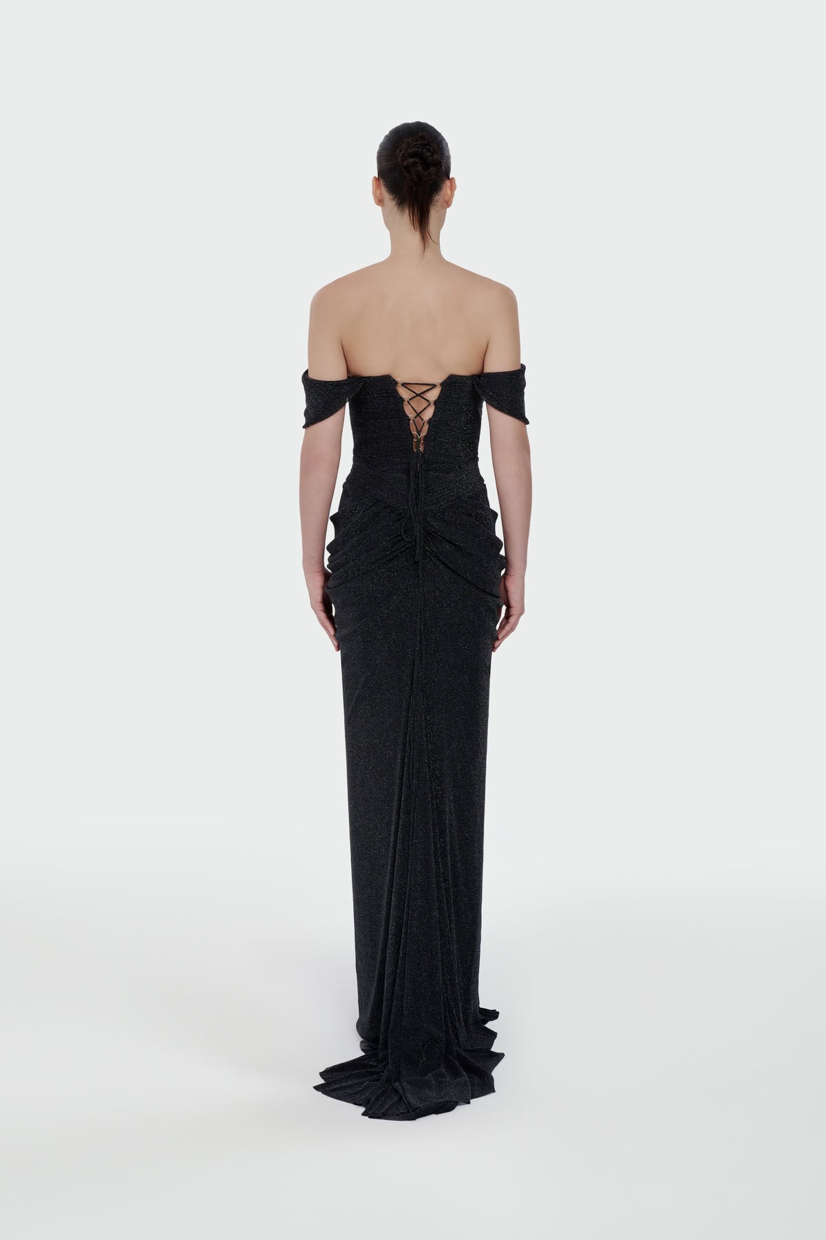 Düşük Omuz Ön Drape Detaylı Abiye Elbise