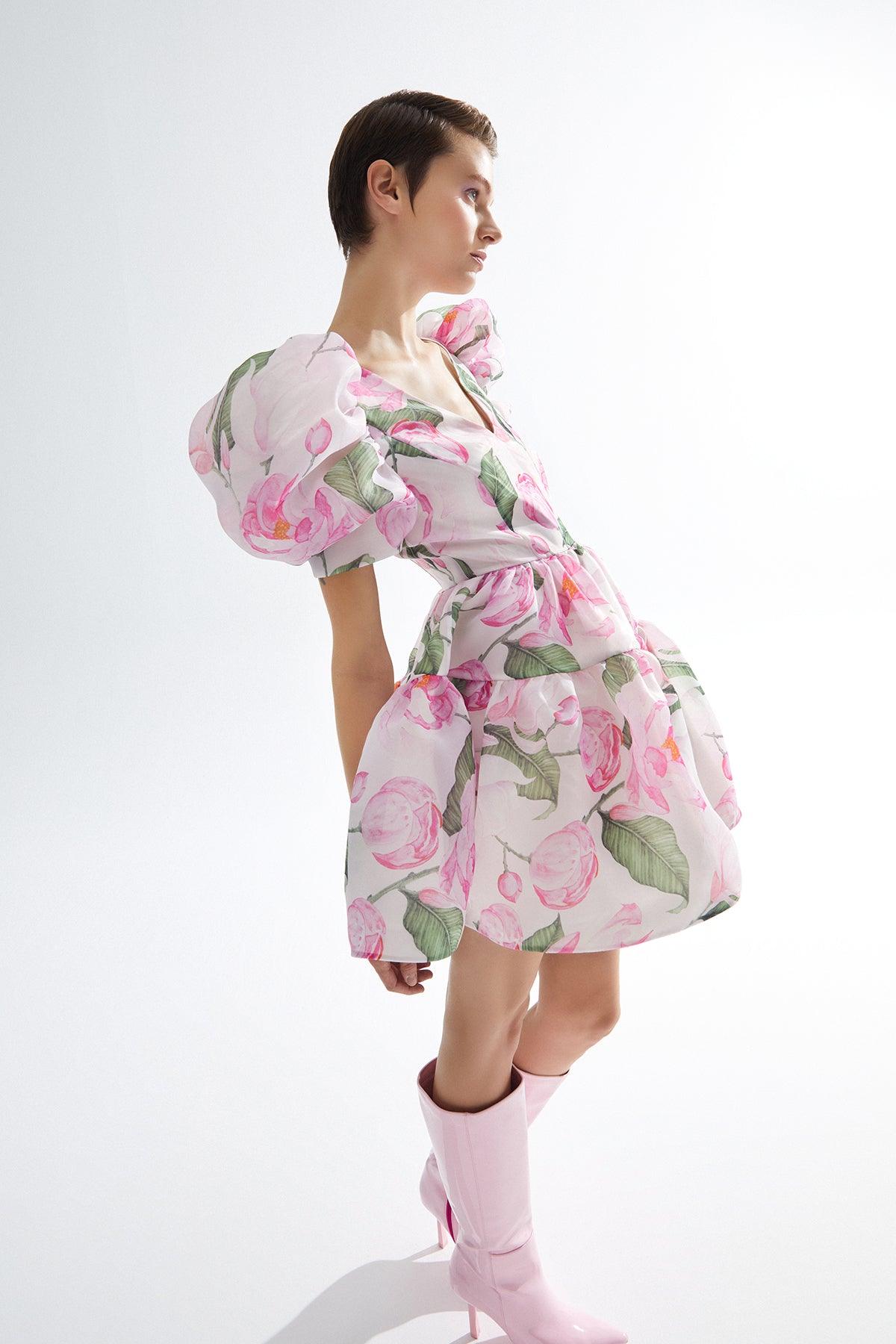 Gül Desenli V Yaka Organze Karpuz Kollu Mini Elbise - Cercis