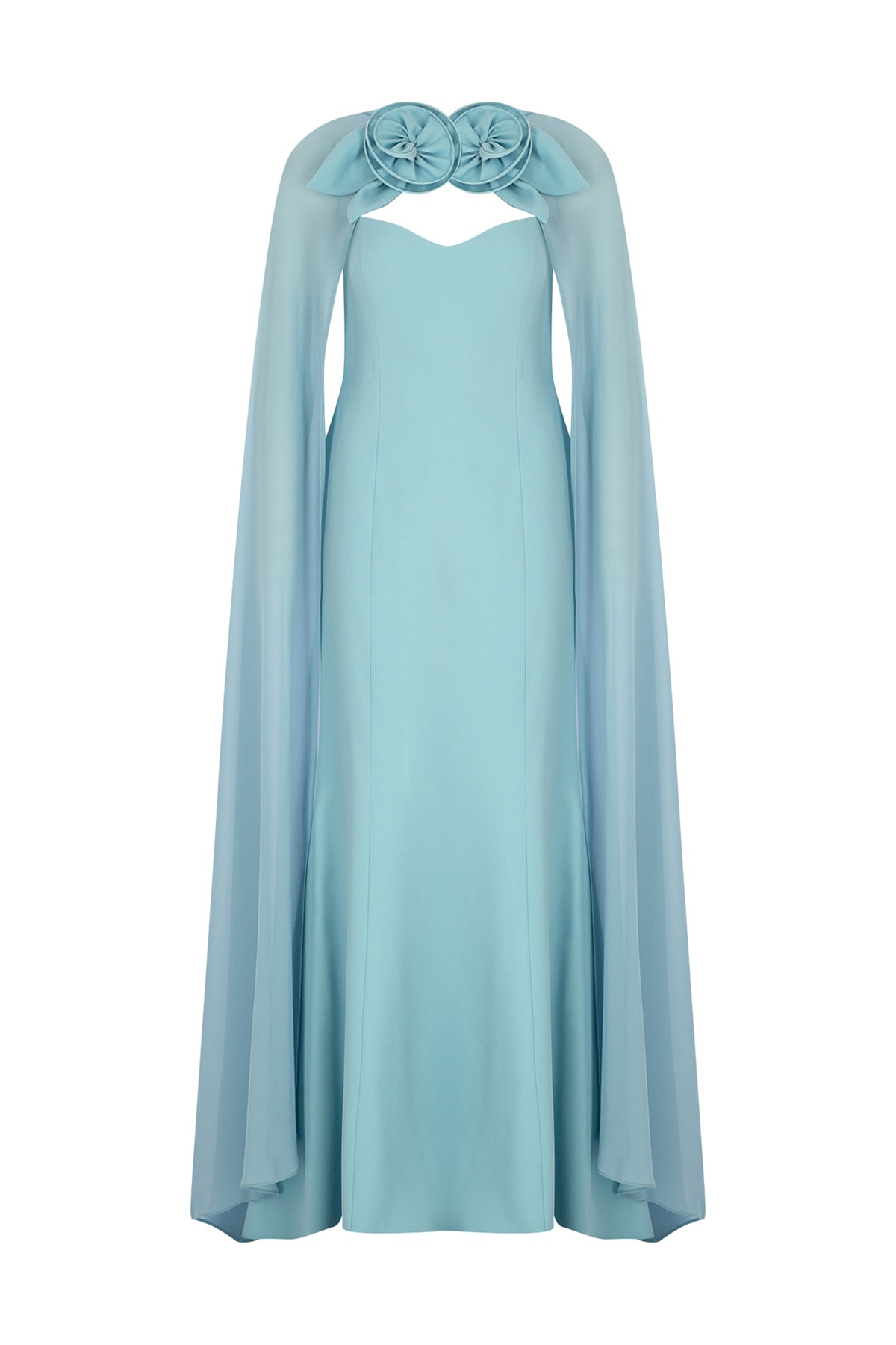 Strapless Long Evening Dress with Rose Detailed Tulle Cape