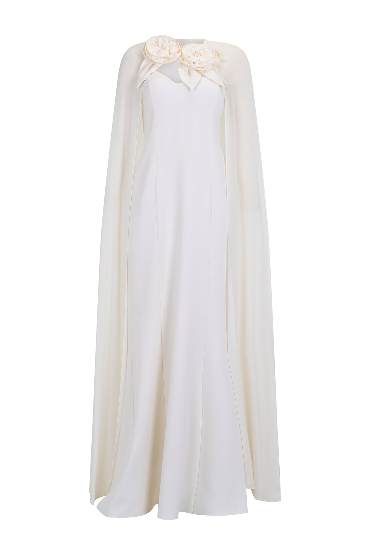 Strapless Long Evening Dress with Rose Detailed Tulle Cape