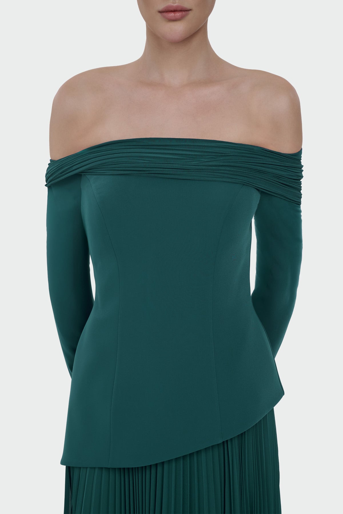 Boat Neck Long Sleeve Pleated Evening Dress
