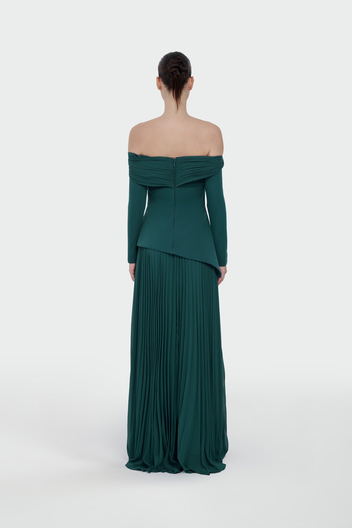 Boat Neck Long Sleeve Pleated Evening Dress