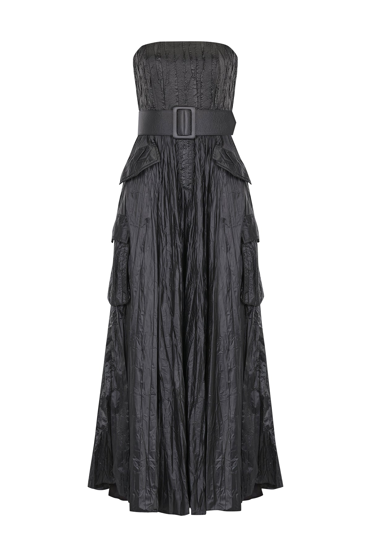 Belt Detailed Pocket Strapless Shiny Long Evening Dress