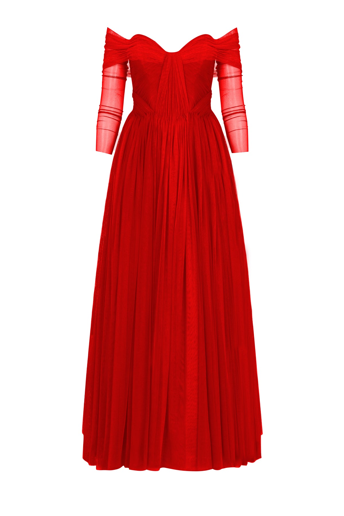 Transparan Tül Kollu Straplez Uzun Abiye