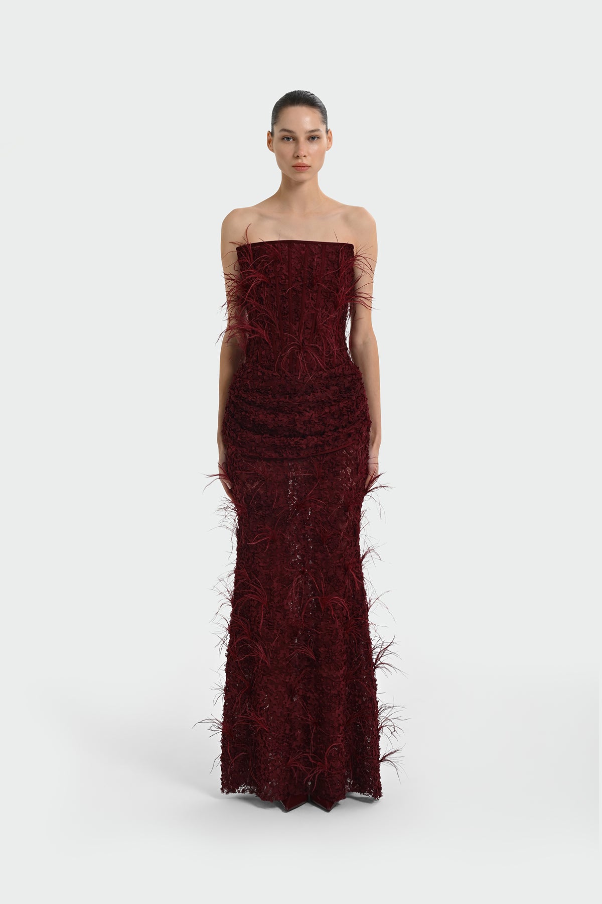 Strapless Long Evening Dress with Feather Detail and Bodice