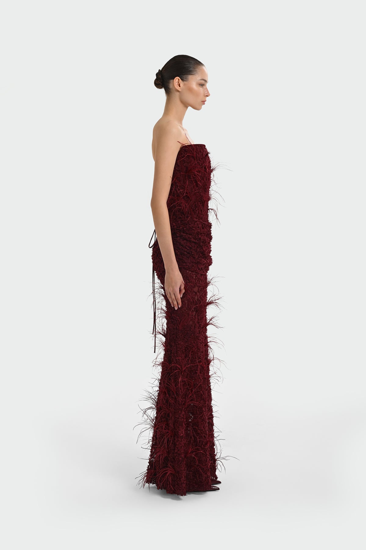 Strapless Long Evening Dress with Feather Detail and Bodice