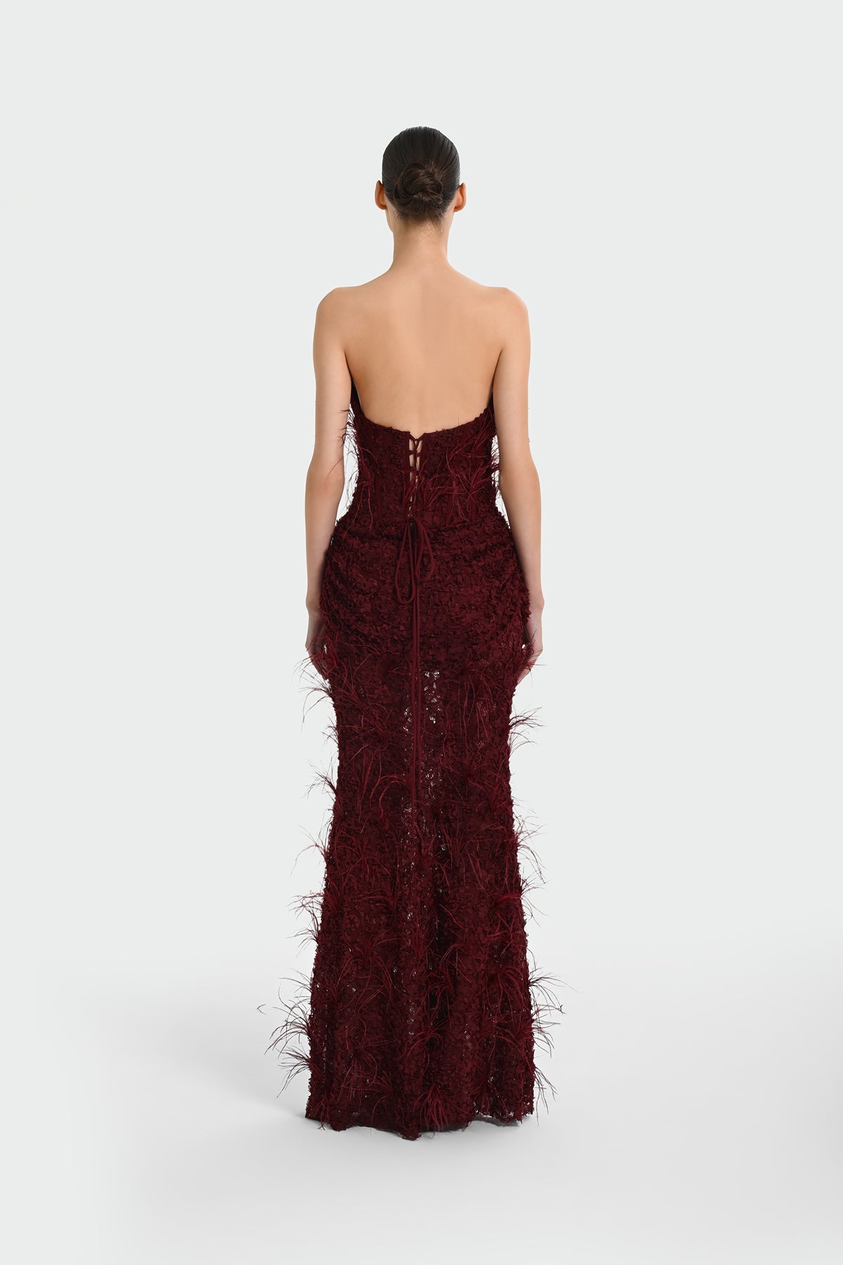 Strapless Long Evening Dress with Feather Detail and Bodice