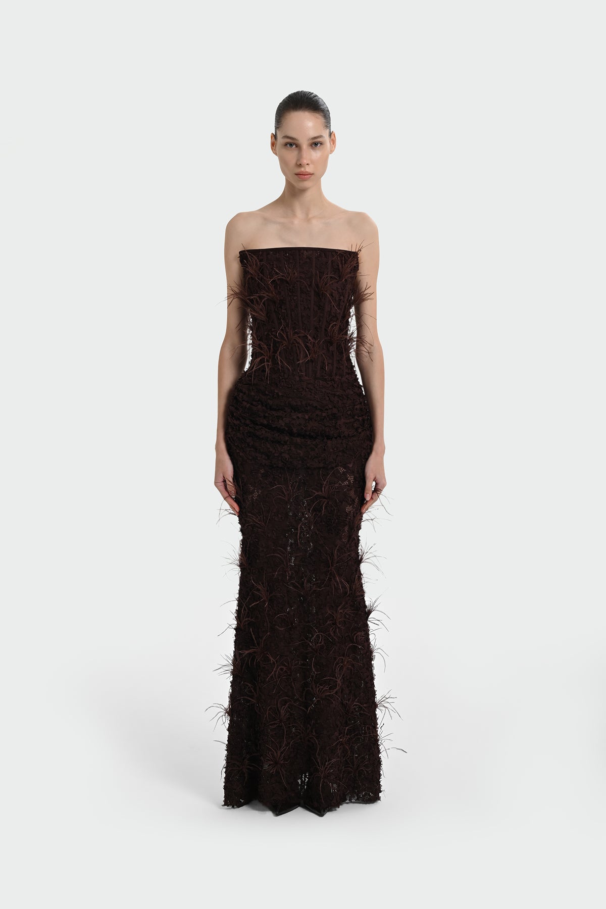 Strapless Long Evening Dress with Feather Detail and Bodice