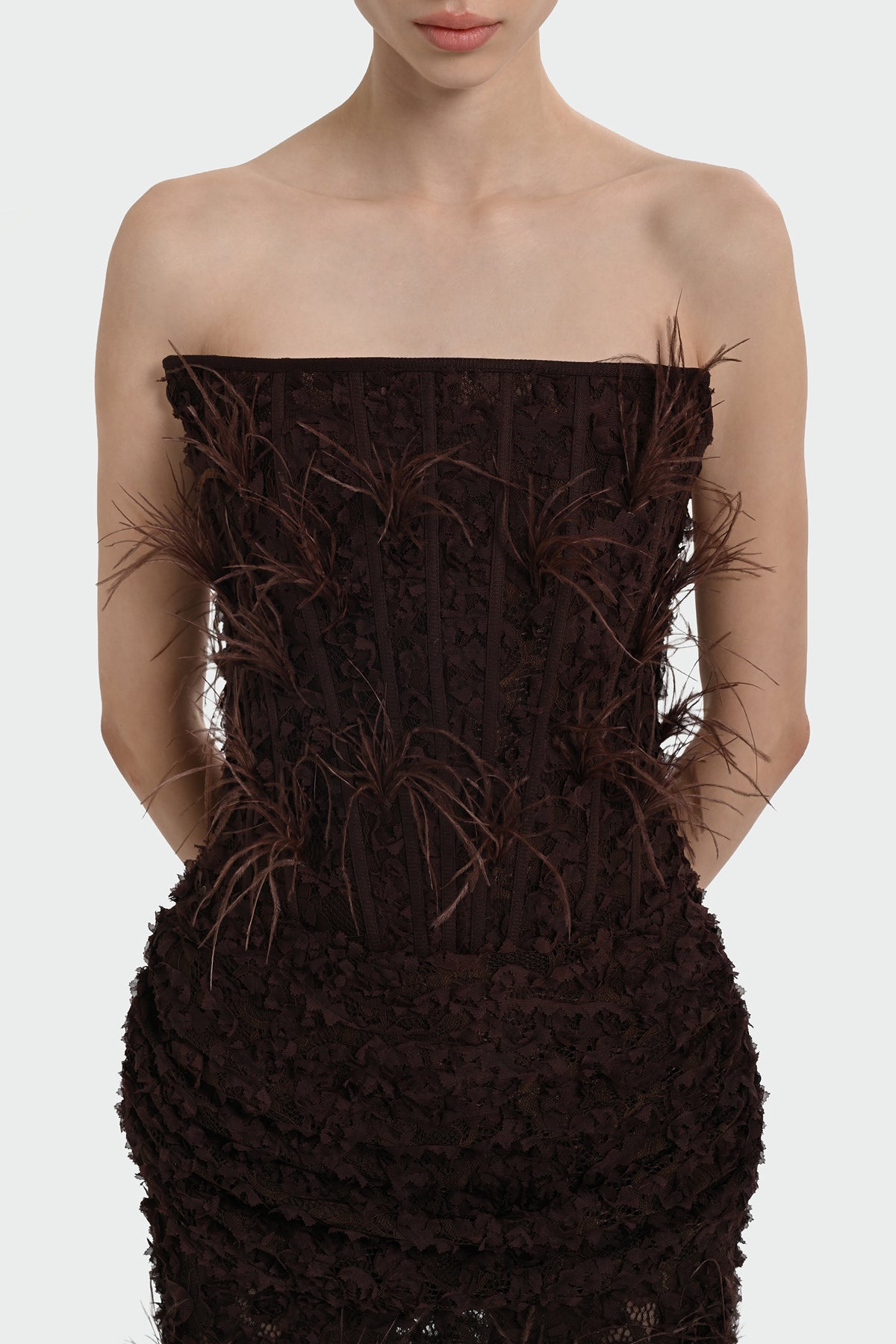 Strapless Long Evening Dress with Feather Detail and Bodice