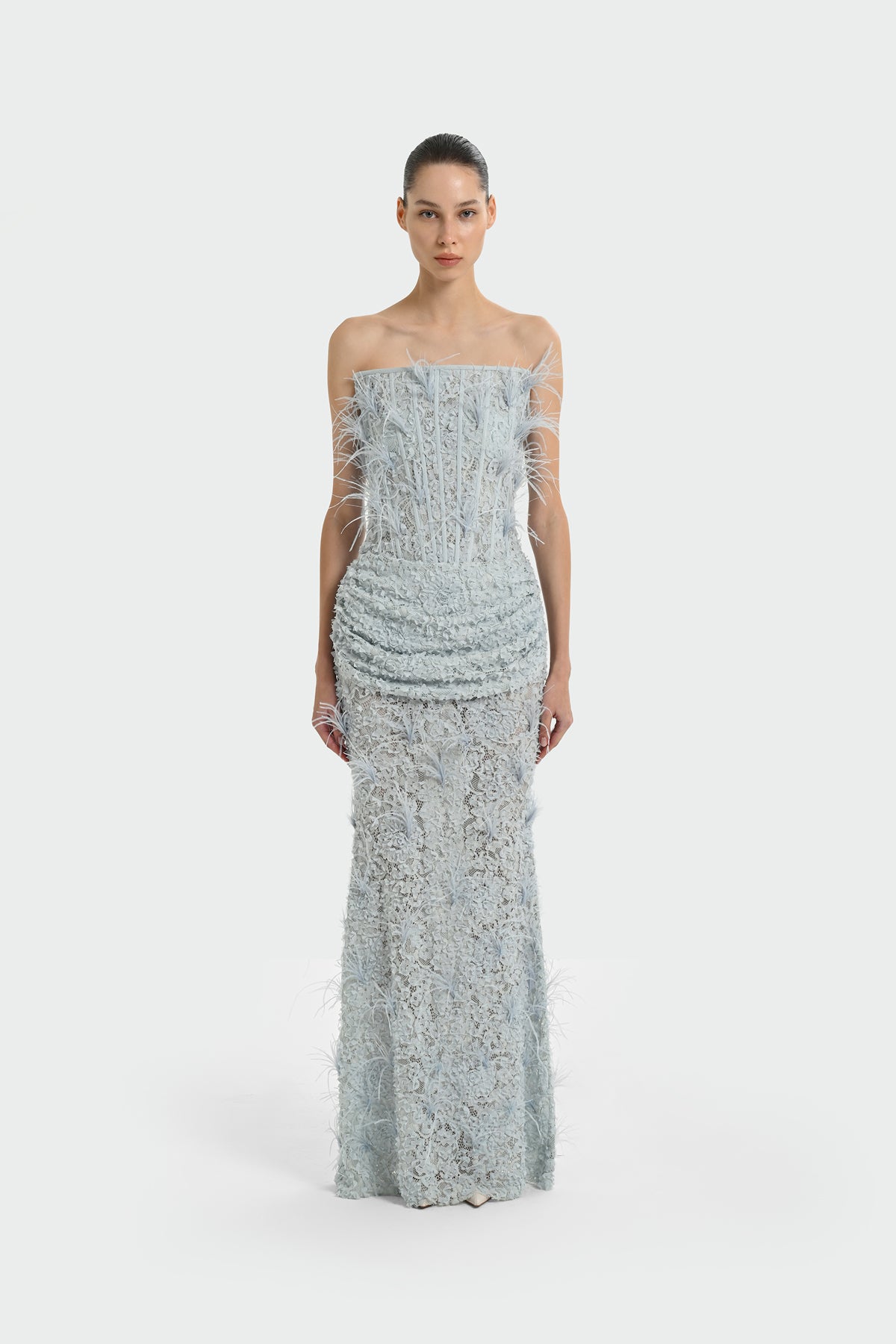 Strapless Long Evening Dress with Feather Detail and Bodice