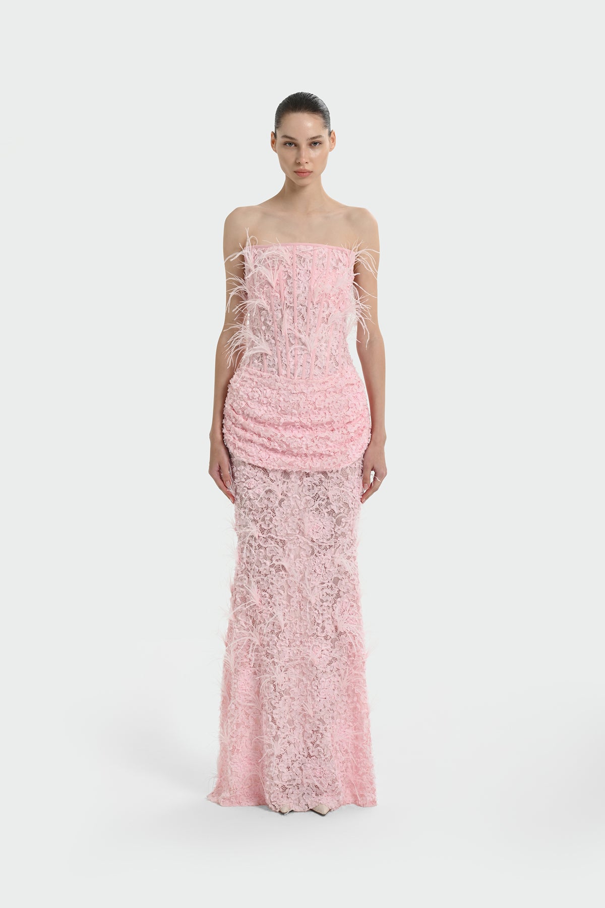 Strapless Long Evening Dress with Feather Detail and Bodice