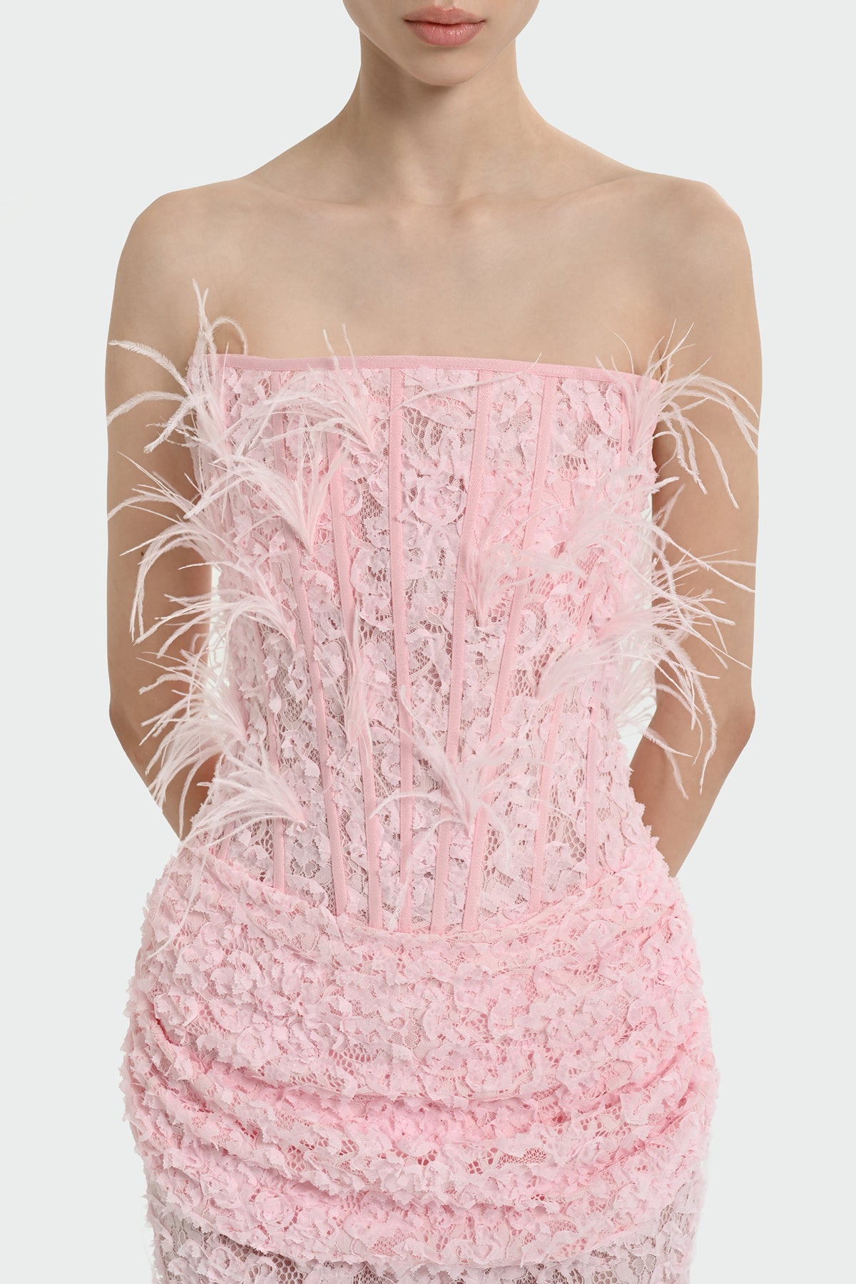 Strapless Long Evening Dress with Feather Detail and Bodice