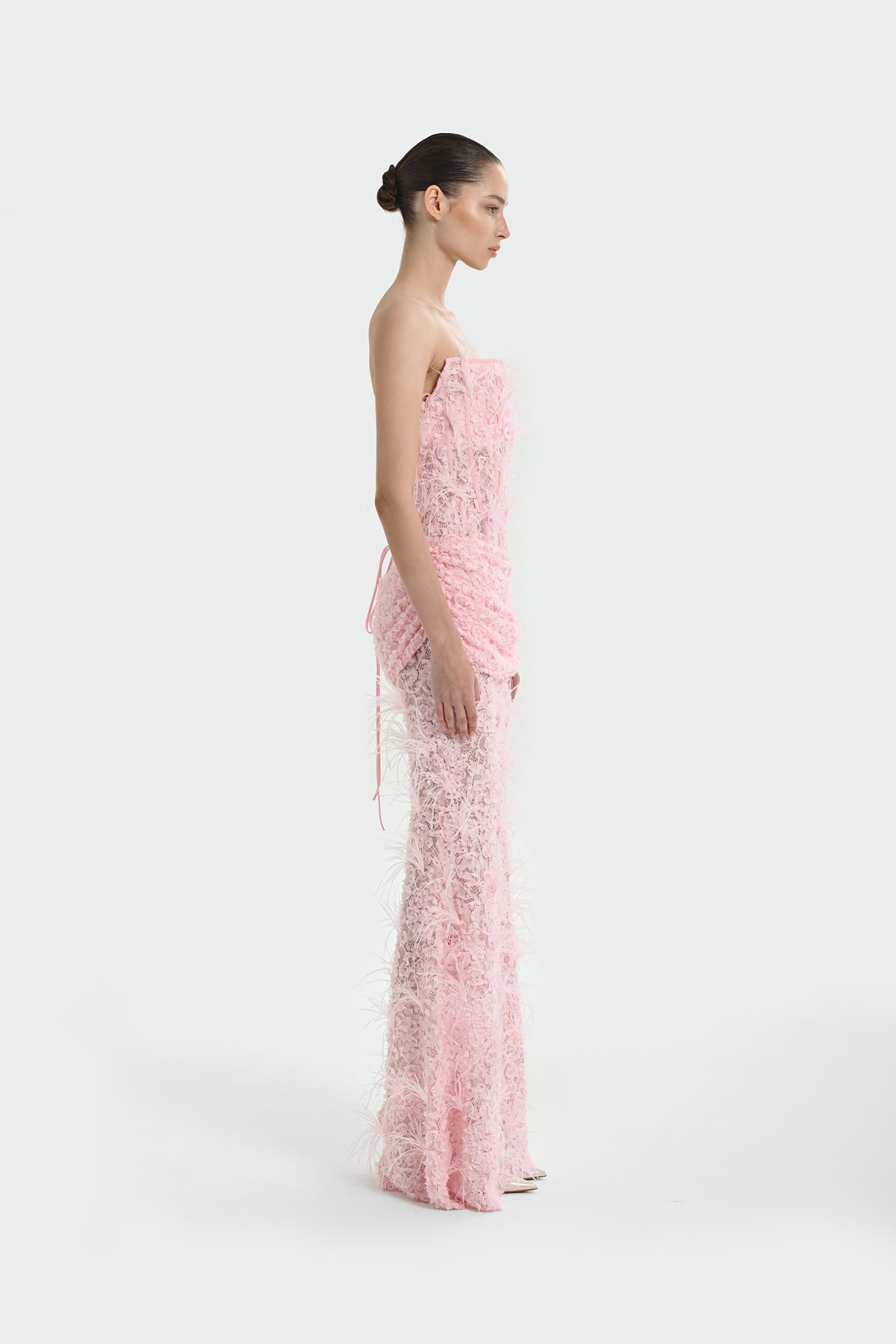 Strapless Long Evening Dress with Feather Detail and Bodice