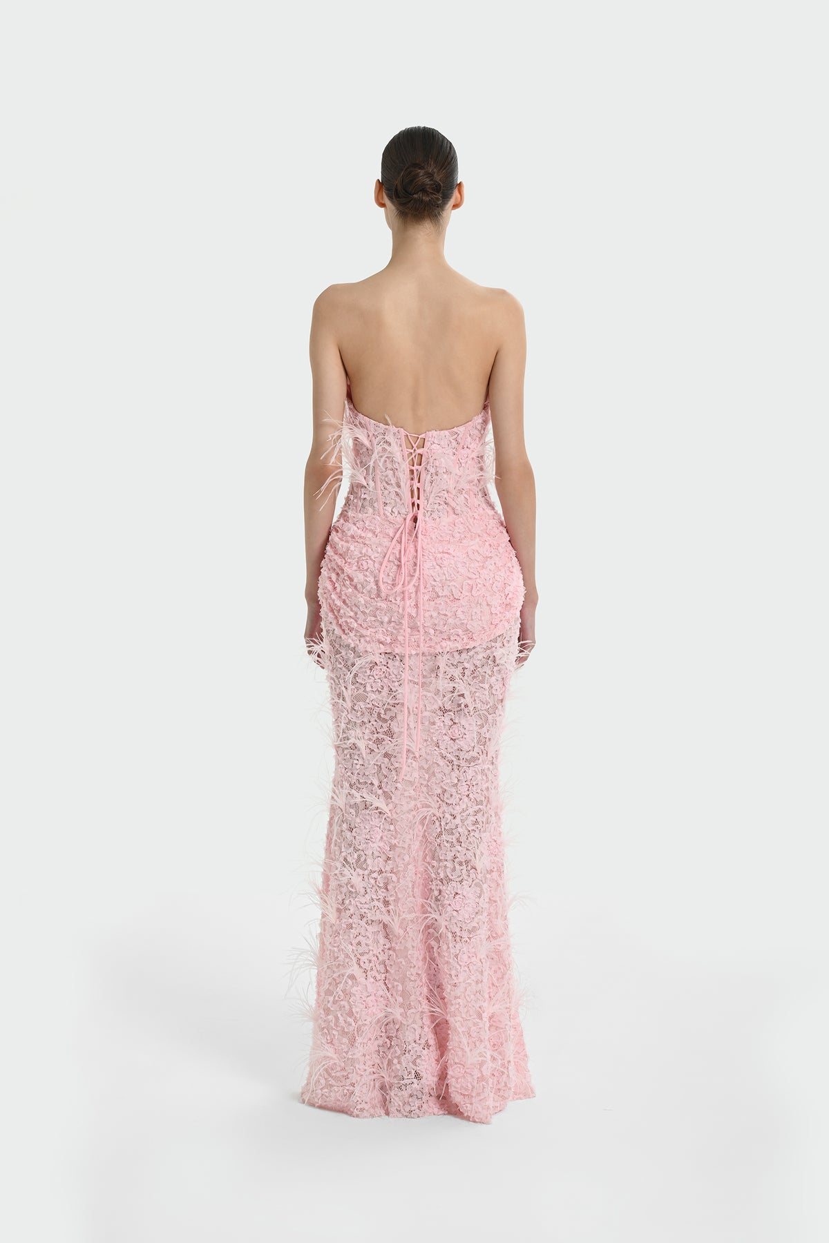 Strapless Long Evening Dress with Feather Detail and Bodice