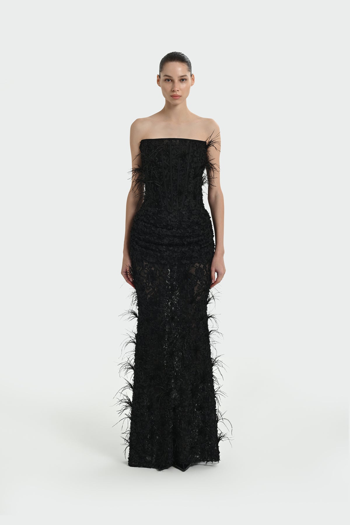 Strapless Long Evening Dress with Feather Detail and Bodice