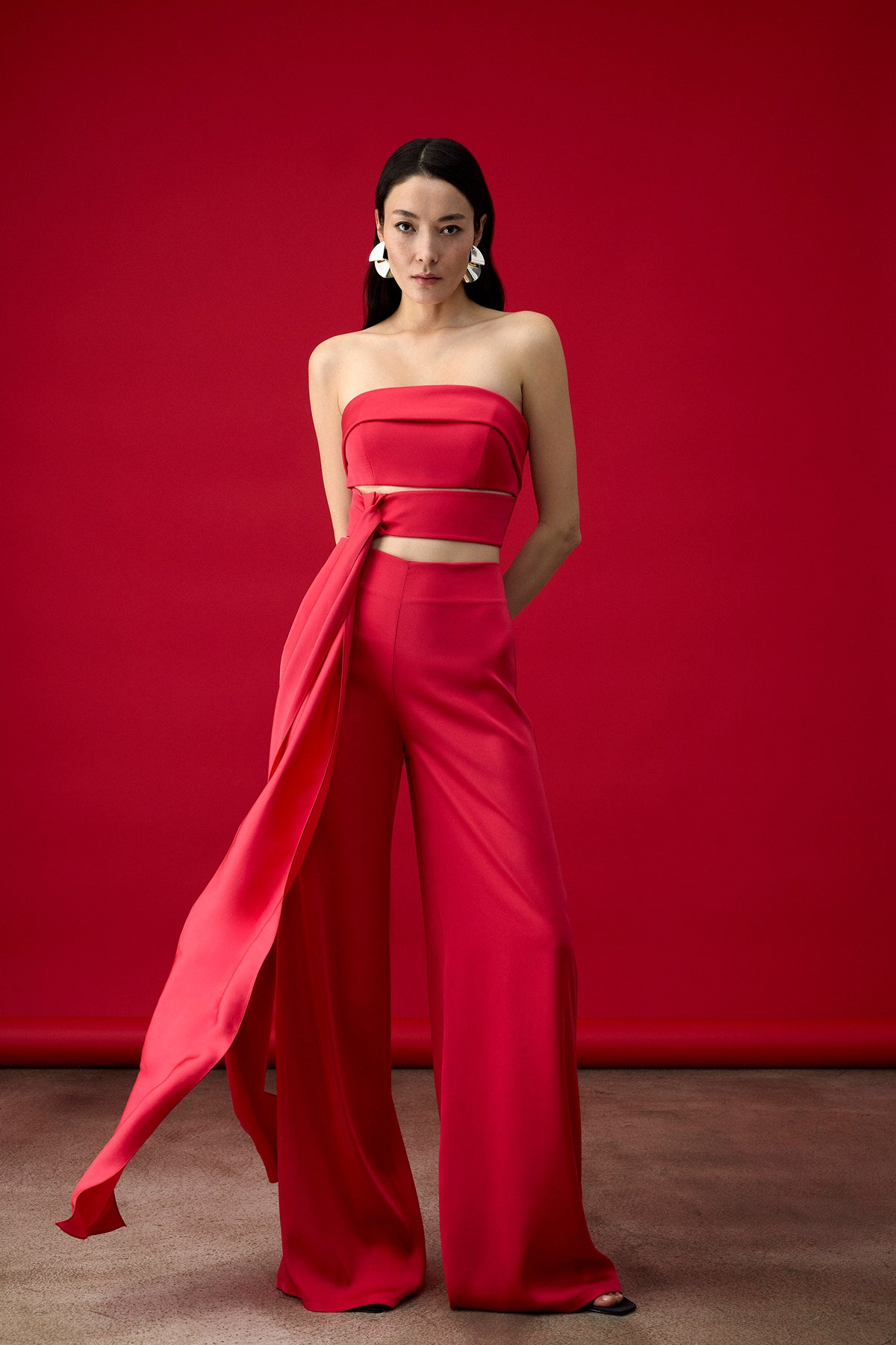 Kuşak Detaylı Straplez Bol Paça Pantolon Crop Abiye Takım