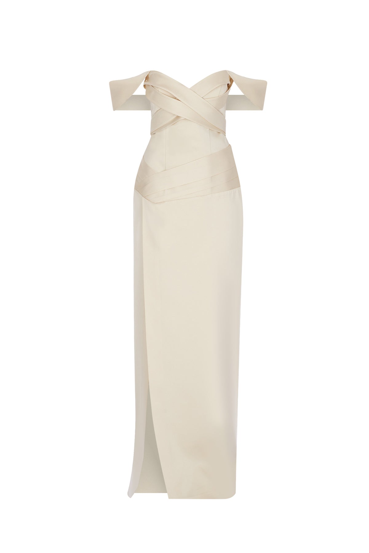 Off the Shoulder Cross Draped Slit Detailed Long Evening Dress