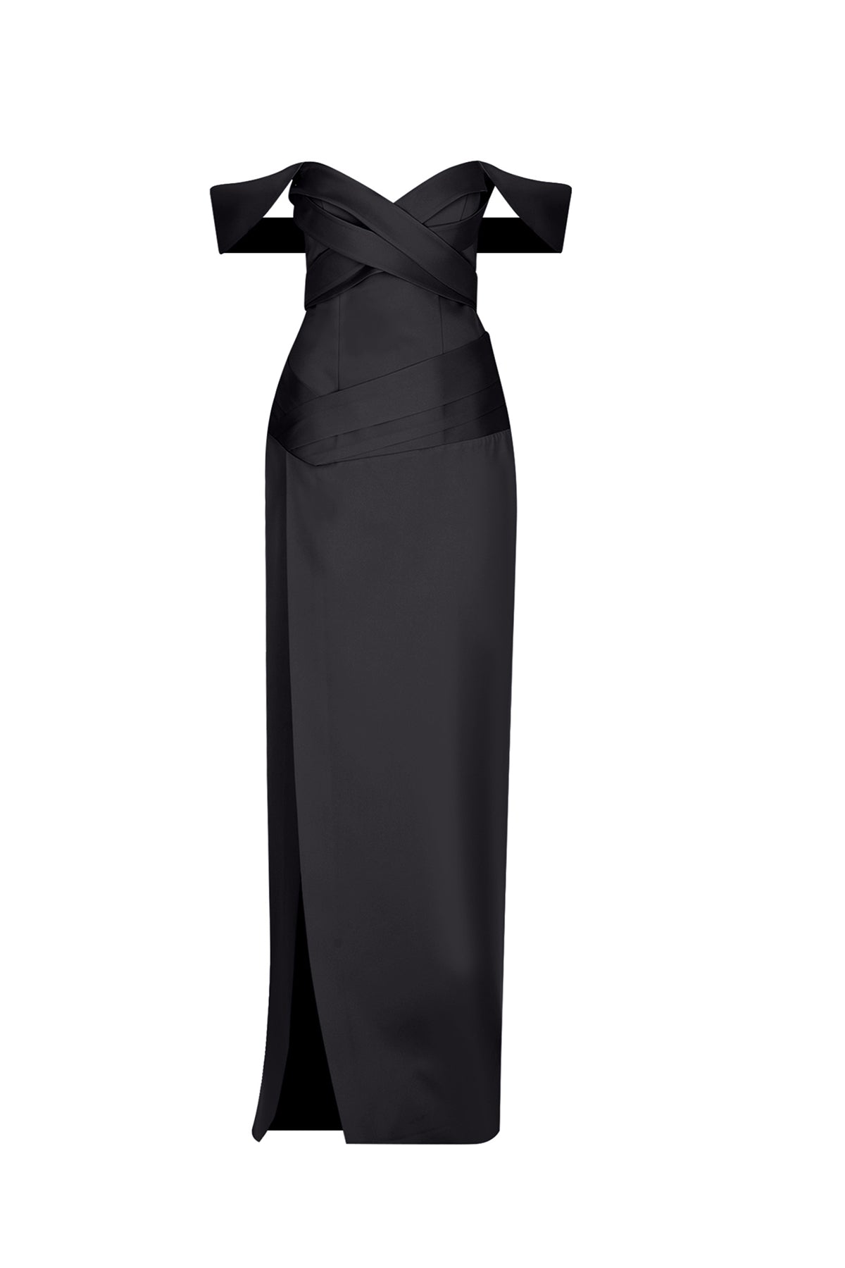 Off the Shoulder Cross Draped Slit Detailed Long Evening Dress