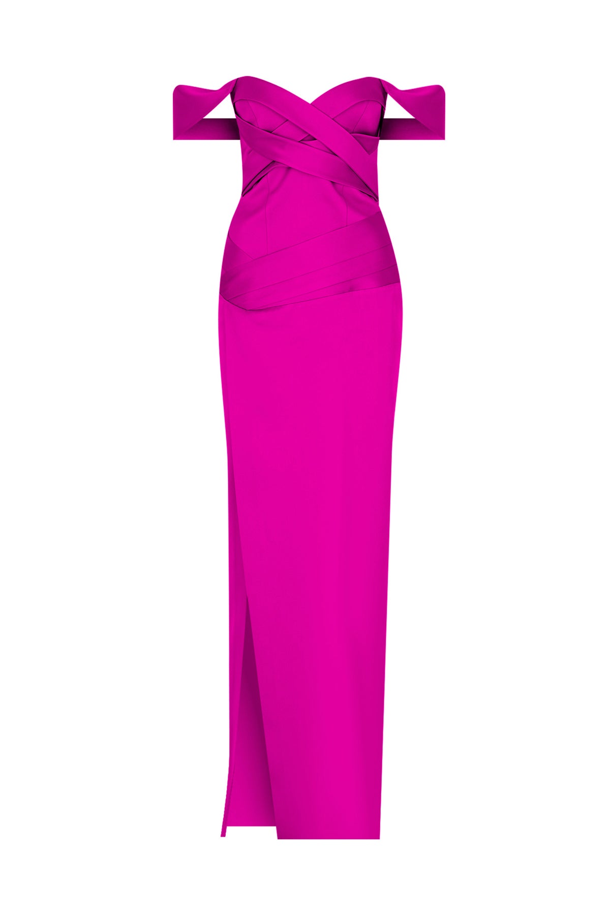 Off the Shoulder Cross Draped Slit Detailed Long Evening Dress