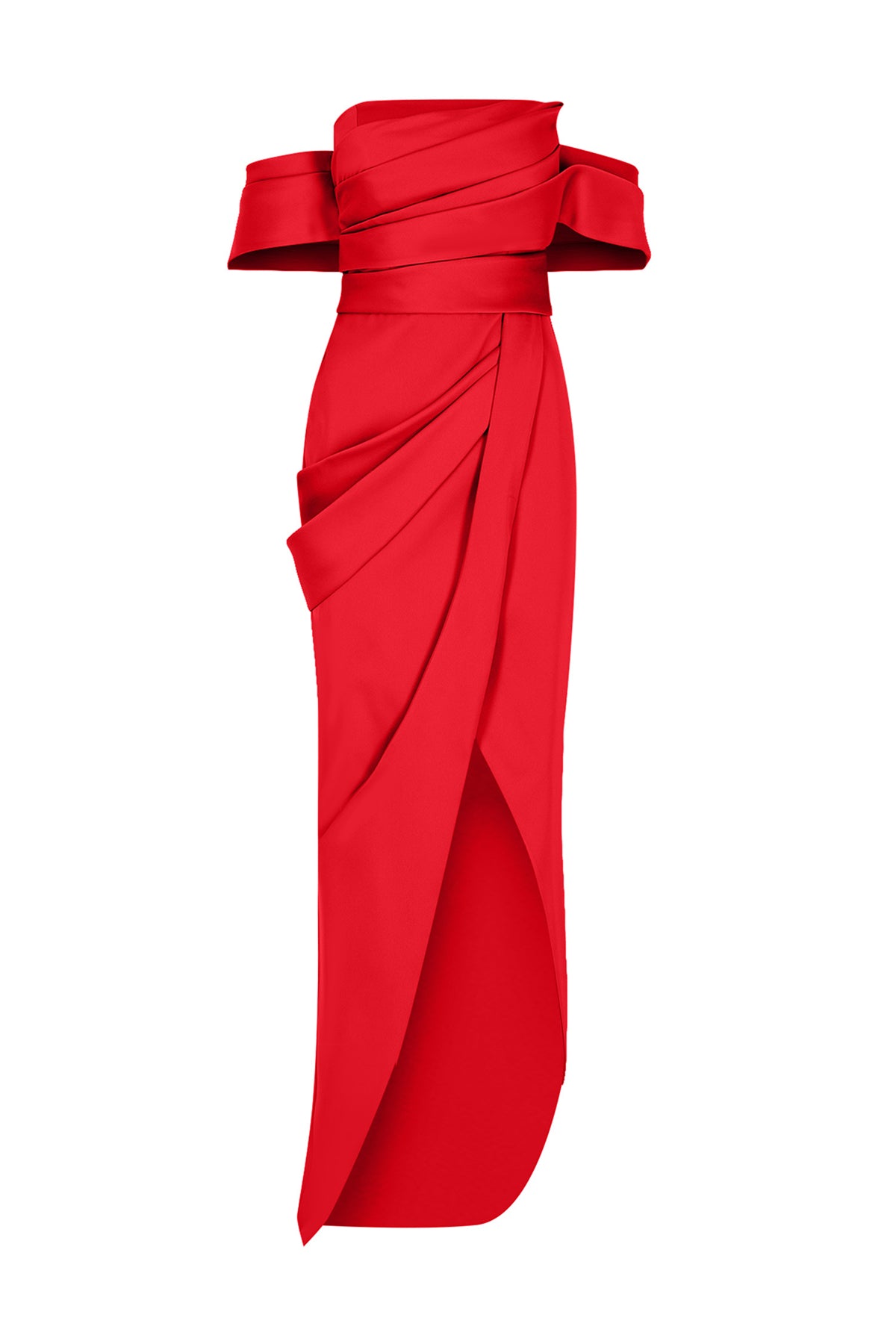 Off the Shoulder Draped Slit Detailed Long Evening Dress
