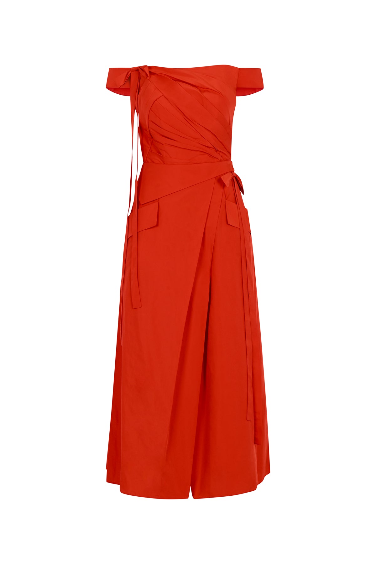 Off the Shoulder Draped Pocketed Midi Evening Dress
