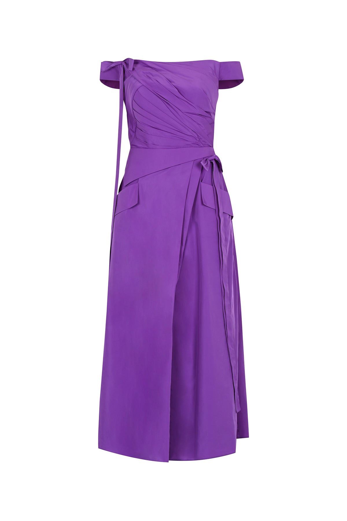 Off the Shoulder Draped Pocketed Midi Evening Dress