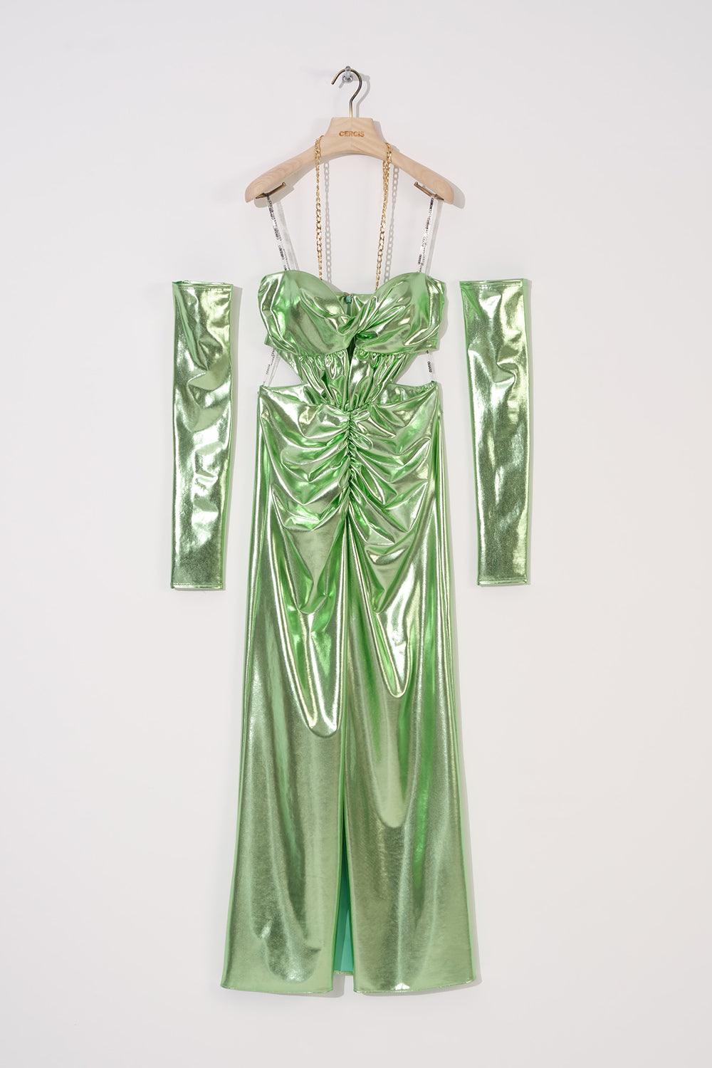 Parlak Boyundan Zincir Askılı Yırtmaçlı Elbise - Cercis